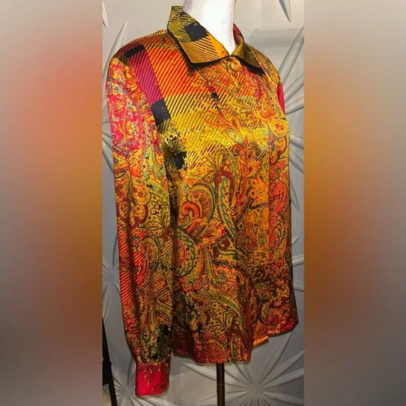 EUC Louis Feraud SZ 4 gold/red/black multicolored silk paisley print blouse - Picture 8 of 12
